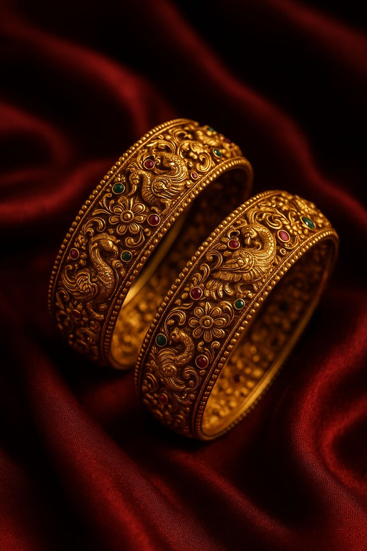 Two ornate gold bangles with intricate designs on a red fabric background