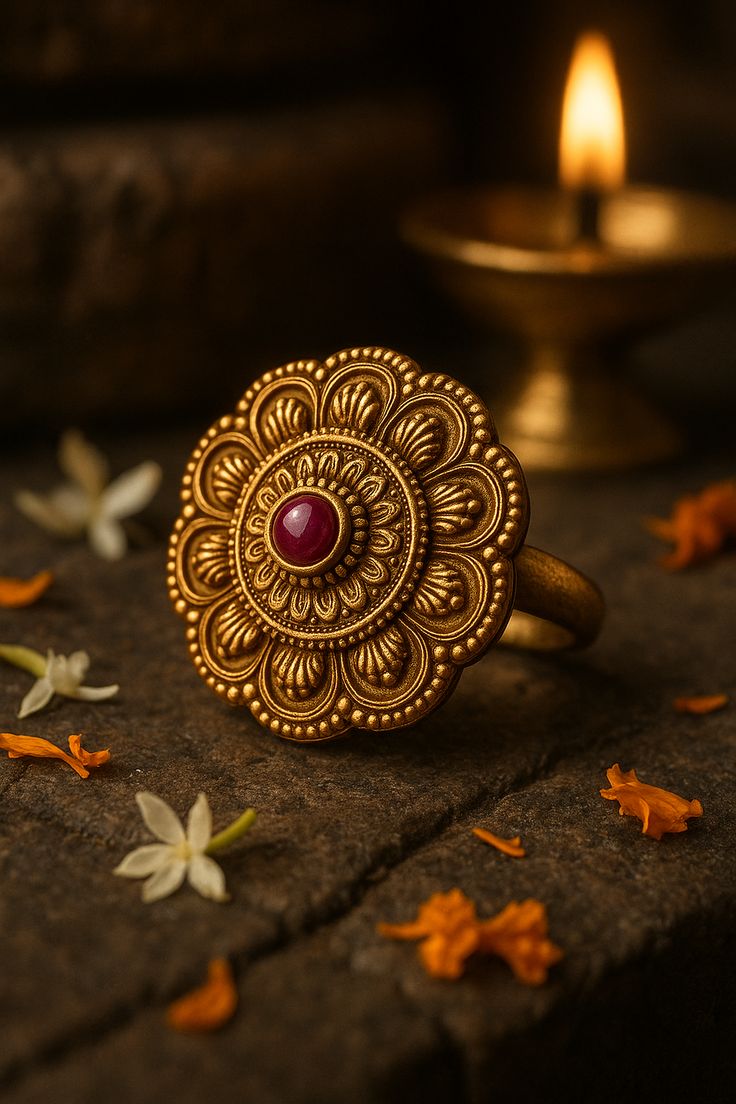 Decorative gold ring with a red gemstone on a dark surface with flowers and a lit candle in the background.